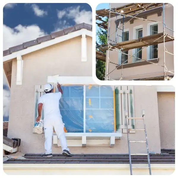 Peintre appliquant une peinture extérieure sur une façade avec une fenêtre protégée et échafaudage en arrière-plan.