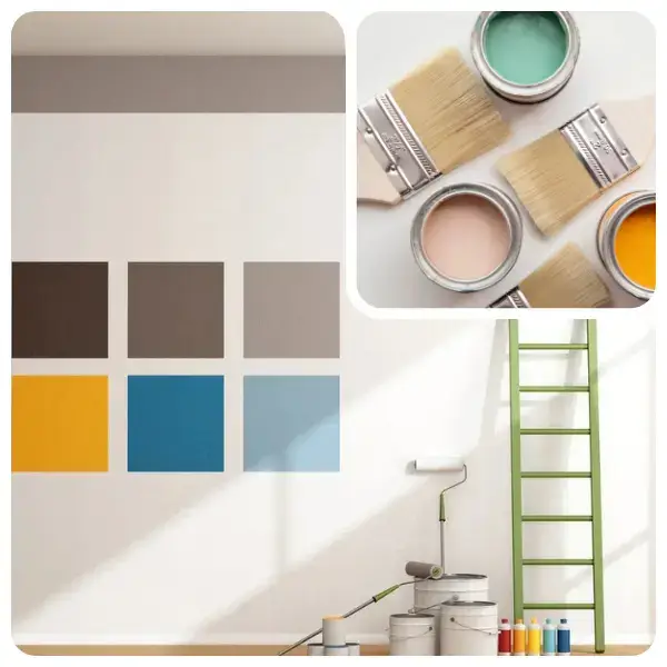 Échantillons de couleurs sur un mur et matériel de peinture intérieure avec pinceaux et pots.